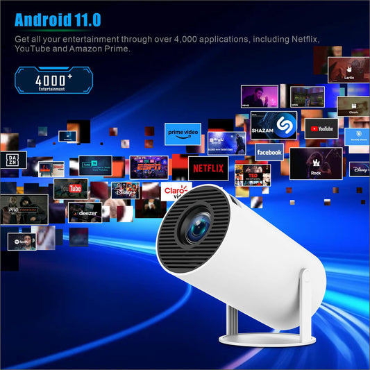 Pocket Portal smart projector showing Android 11.0 interface with supported apps like Netflix, YouTube, and Prime Video on a blue swirl background.