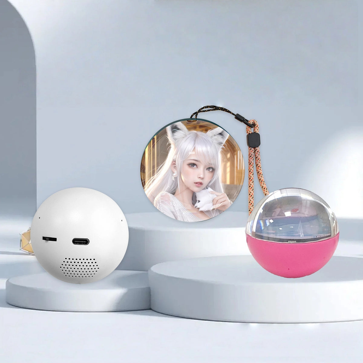 Personalized video-playing ornament showing sample uploaded video projection, USB charging port, and pink color option.