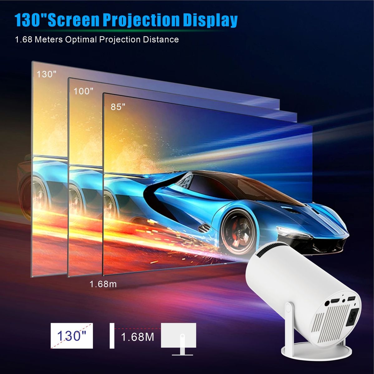 Pocket Portal projector displaying a blue supercar on multiple screen sizes, showing 130-inch, 100-inch, and 85-inch projection capabilities.