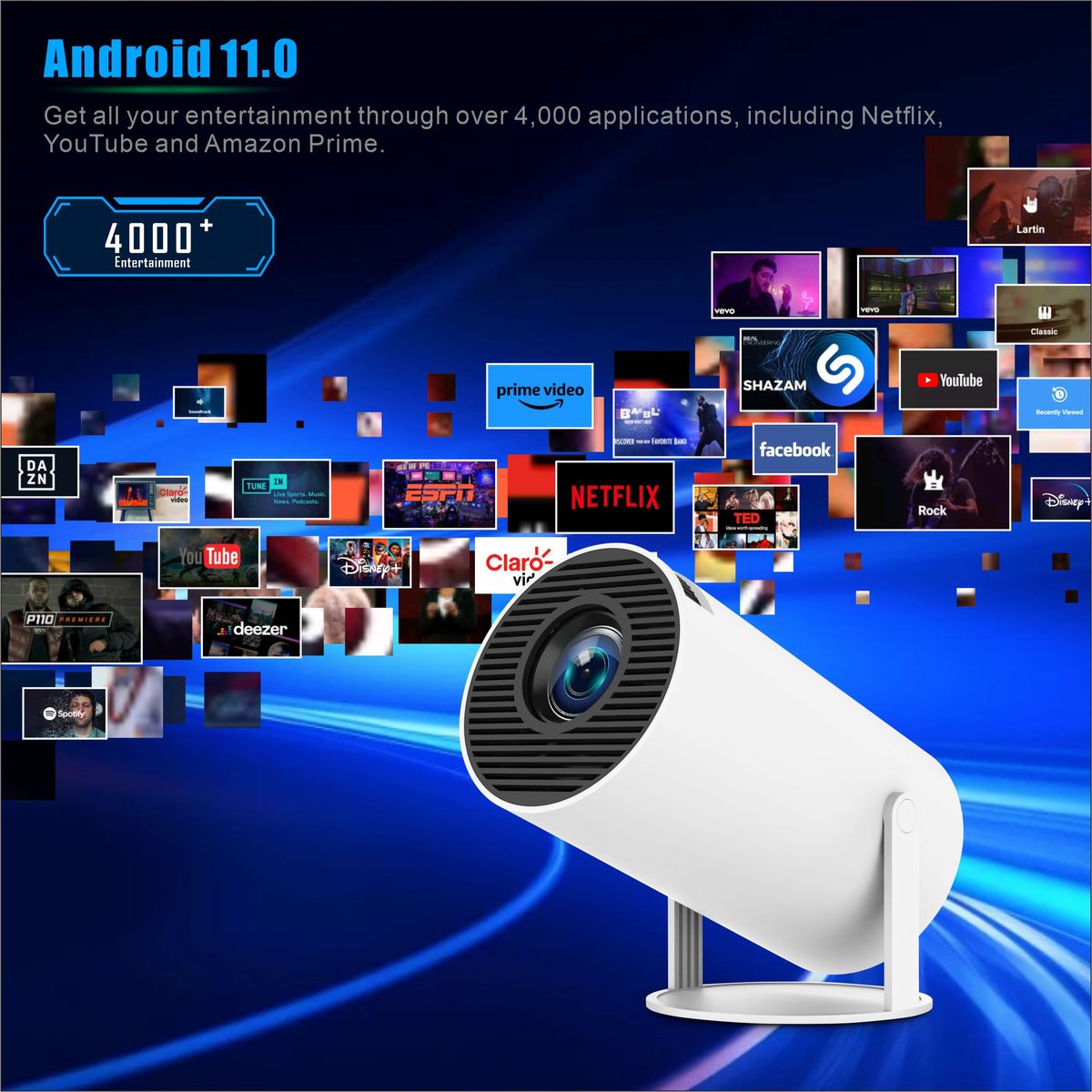 Pocket Portal smart projector showing Android 11.0 interface with supported apps like Netflix, YouTube, and Prime Video on a blue swirl background.