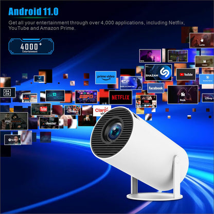 Pocket Portal smart projector showing Android 11.0 interface with supported apps like Netflix, YouTube, and Prime Video on a blue swirl background.